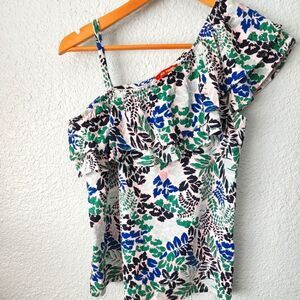 Joe fresh one Shoulder sleeveless floral 100% cotton blouse Safari